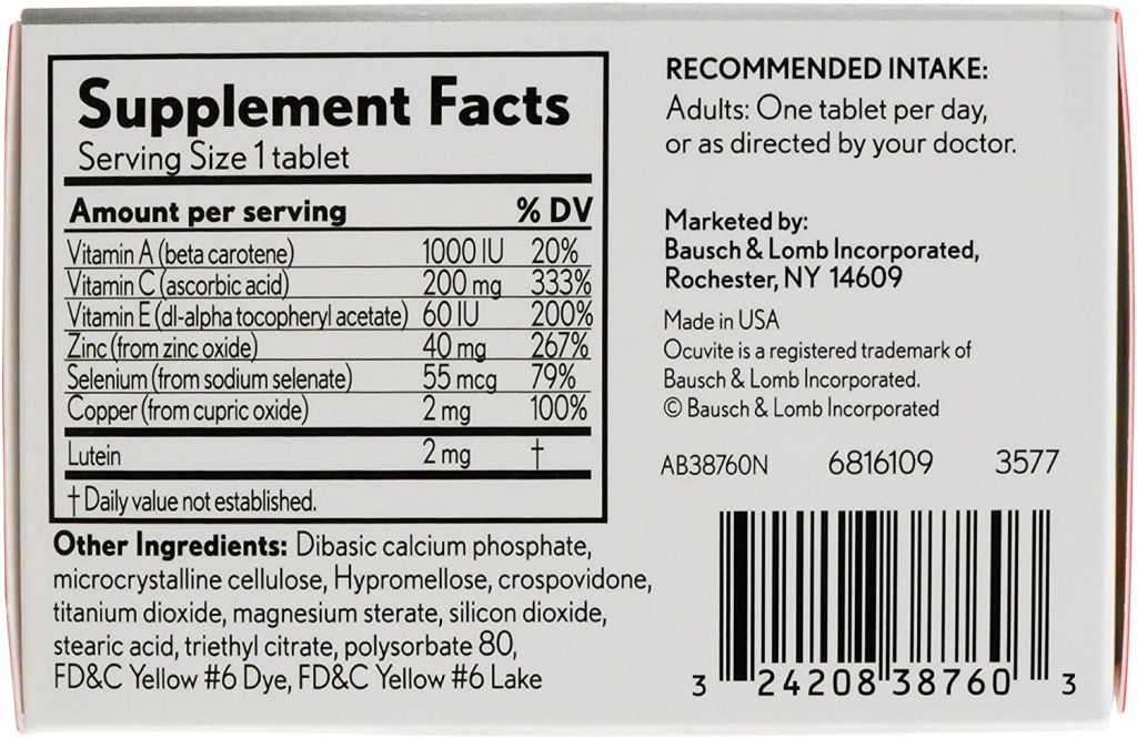 Imagen del resumen del contenido nutricional de los comprimidos de suplemento vitamínico y mineral para ojos de Baush &Lomb Ocuvite
